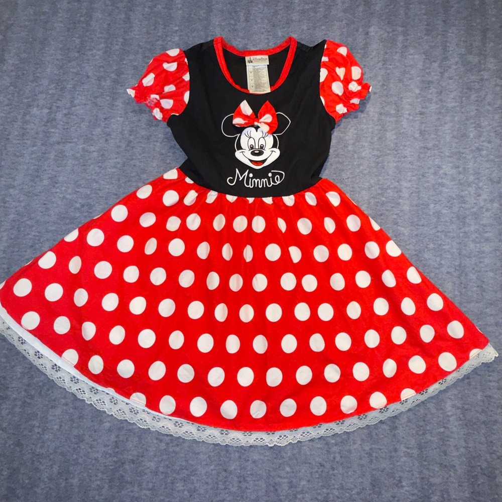 Disney Parks Minnie Mouse Dress Costume Girls Medium Red Polka Dot Lace Trim